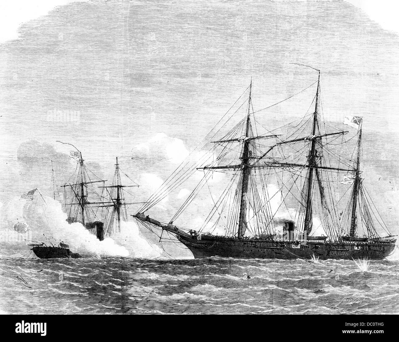 1800s 1860s CONFEDERATE SHIP ALABAMA VERSUS THE USS KEARSARGE AMERICAN CIVIL WAR Stock Photo