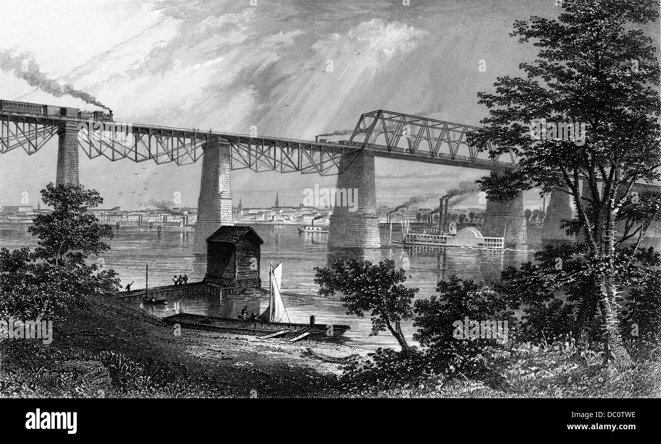 1800s 1870s 1872 VIEW OF LOUISVILLE KY RAILROAD BRIDGE OVER OHIO RIVER WITH A STEAMBOAT SKYLINE Stock Photo