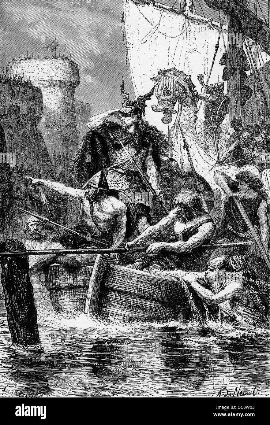 845 AD  895 AD VIKING ROLLO THE RANGER ATTACKS PARIS ILLUSTRATION BY ALPHONSE DE NEUVILLE Stock Photo