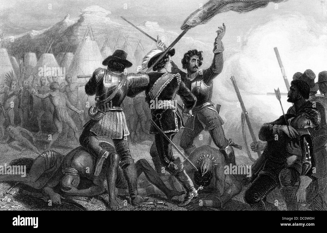 1600s 1630s 1637 BATTLE OF THE PEQUOT WAR PURITAN SETTLERS FIGHTING PEQUOT INDIANS IN CONNECTICUT USA Stock Photo