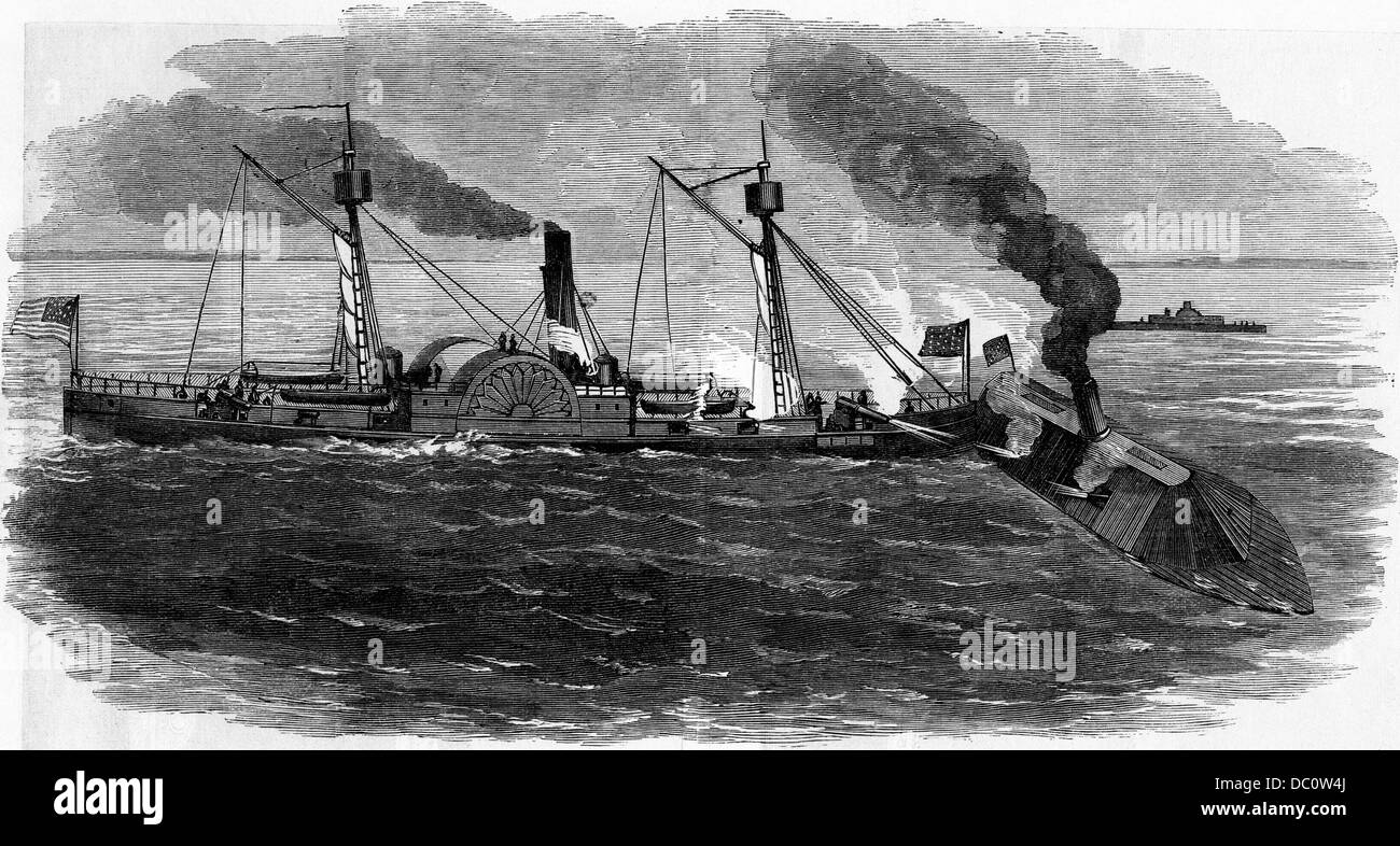 1800s 1860s MAY 5 1864 BATTLE ALBEMARLE SOUND THE UNION STEAM GUNBOAT SASSACUS RAMMING THE CONFEDERATE IRONCLAD THE ALBEMARLE Stock Photo