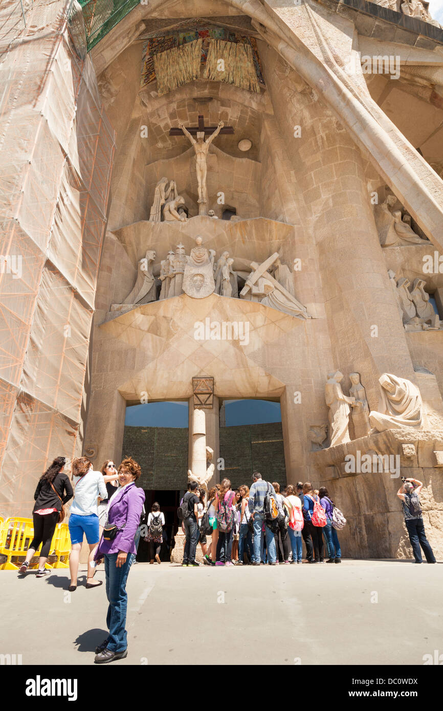 crowds of tourists outside La Sagrada Familia Cathedral Barcelona Stock Photo