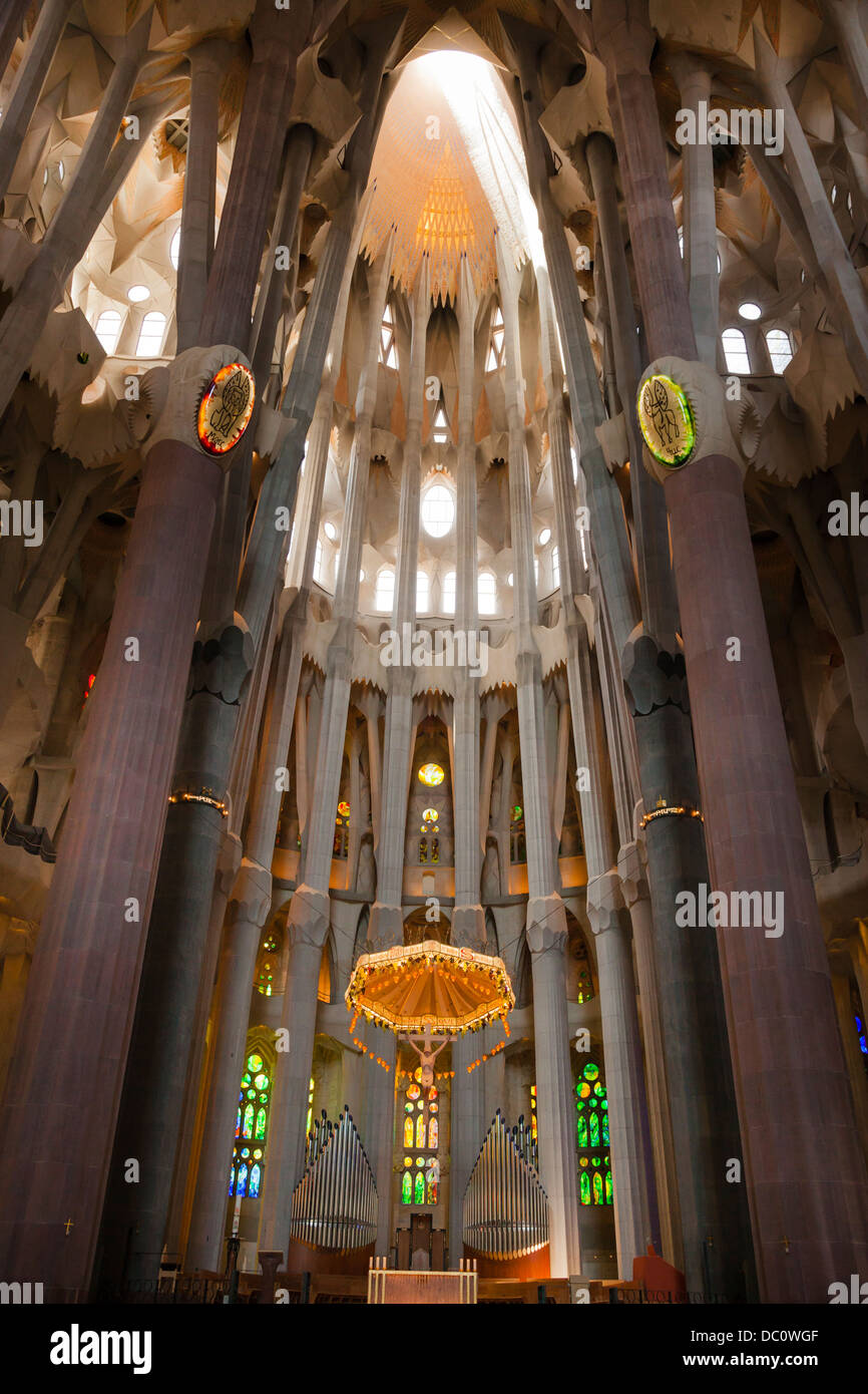 altar and pillars in La Sagrada Familia Cathedral Barcelona Stock Photo