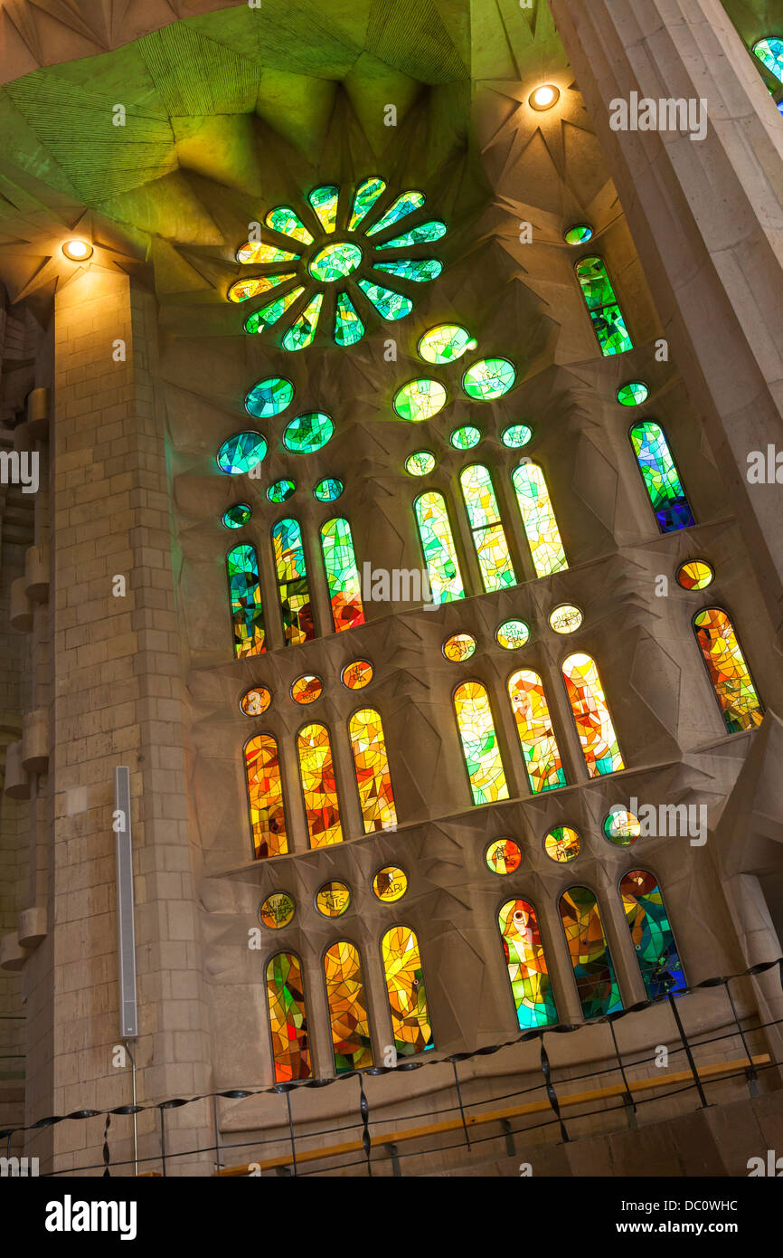stained glass windows in La Sagrada Familia Cathedral Barcelona Stock