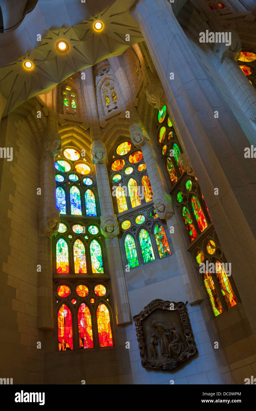 stained glass windows in La Sagrada Familia Cathedral Barcelona Stock