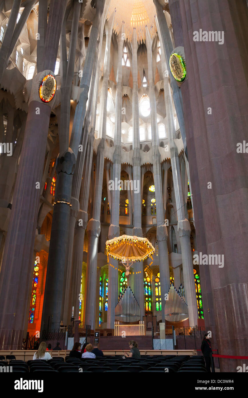 altar and pillars in La Sagrada Familia Cathedral Barcelona Stock Photo