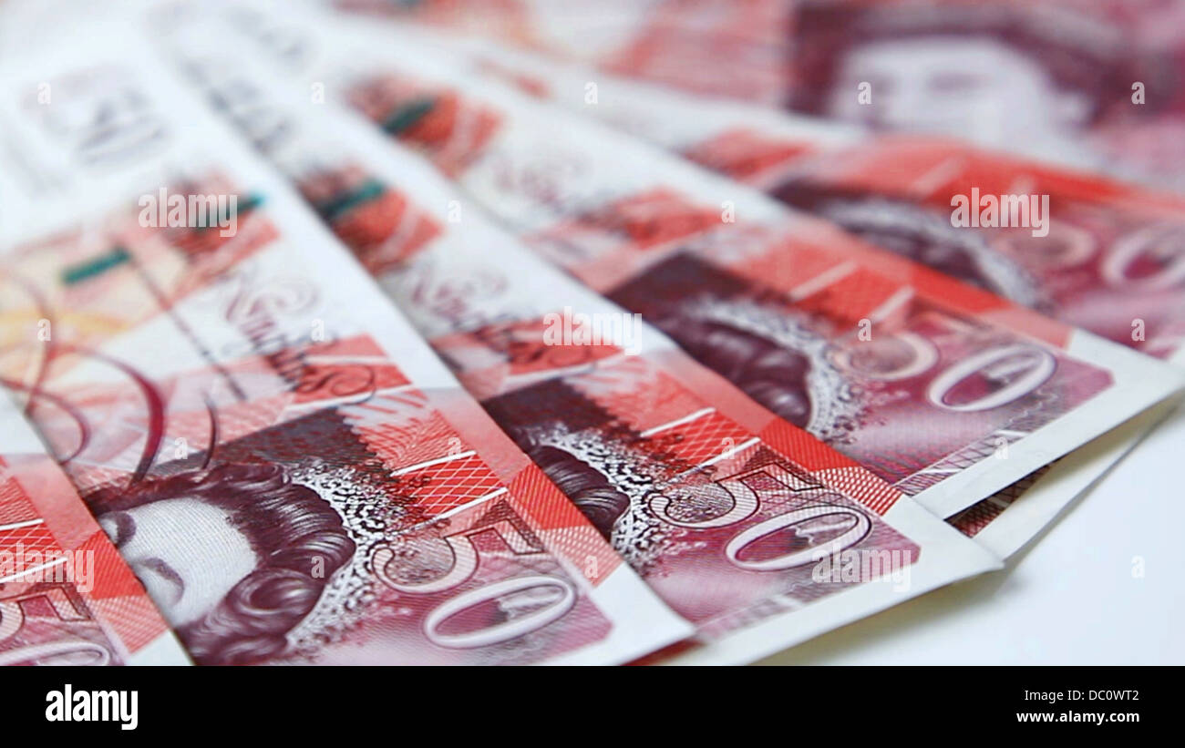 £50 notes fanned out. British currency. Stock Photo