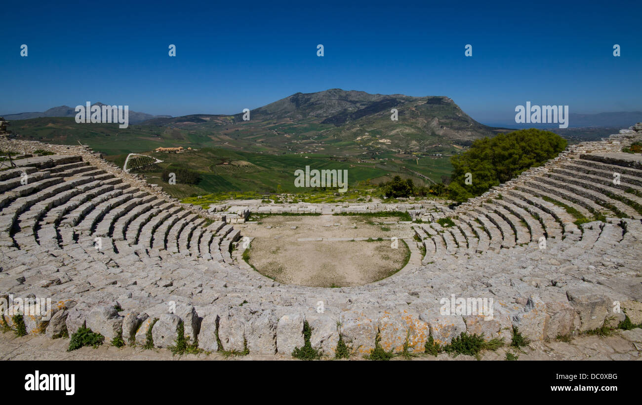 Ruins of the Greek Theater in Segesta, Sicily, Italy Stock Photo