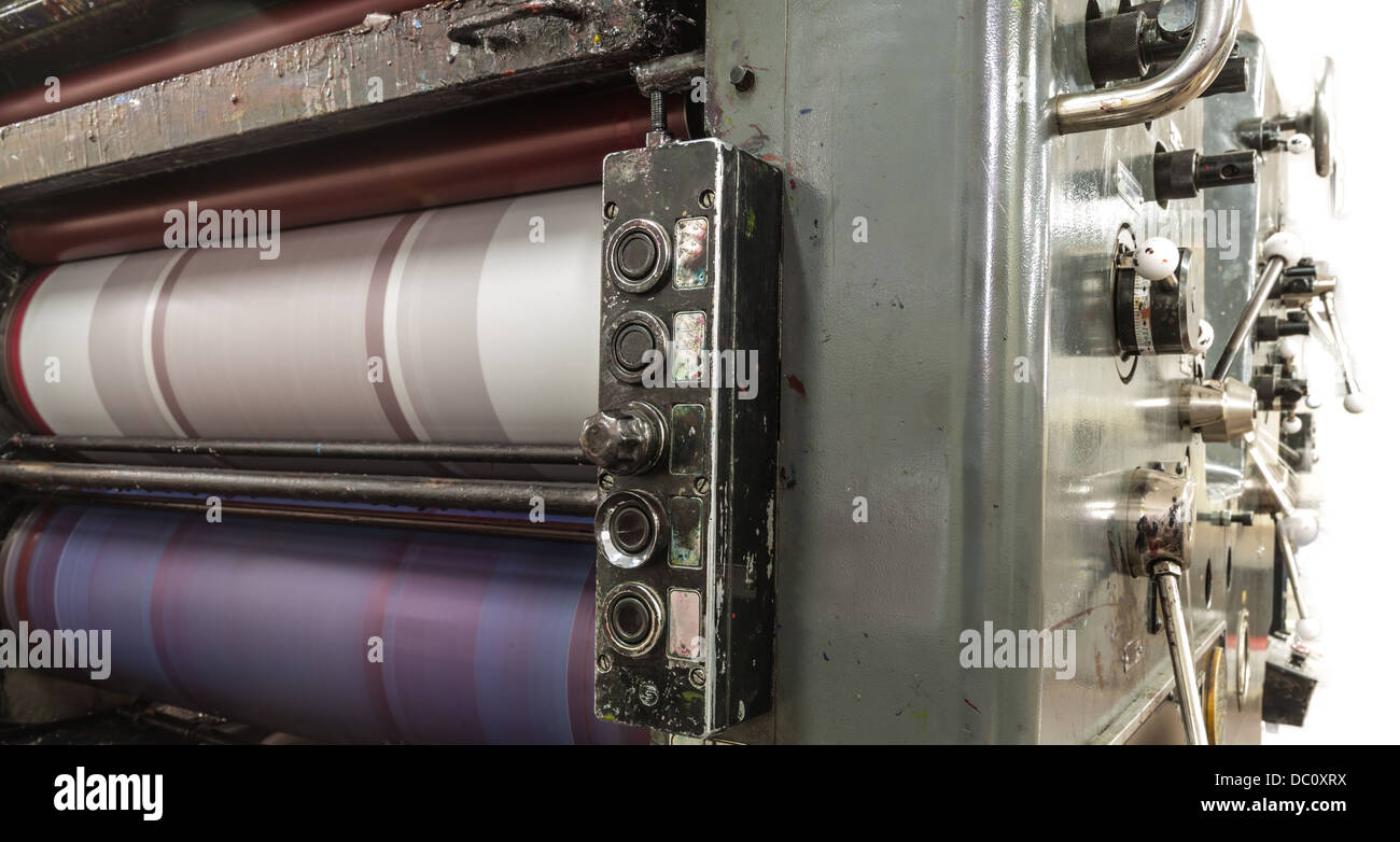 View of a part of a machine in a paper industry. It shows part of machine in work process. Stock Photo