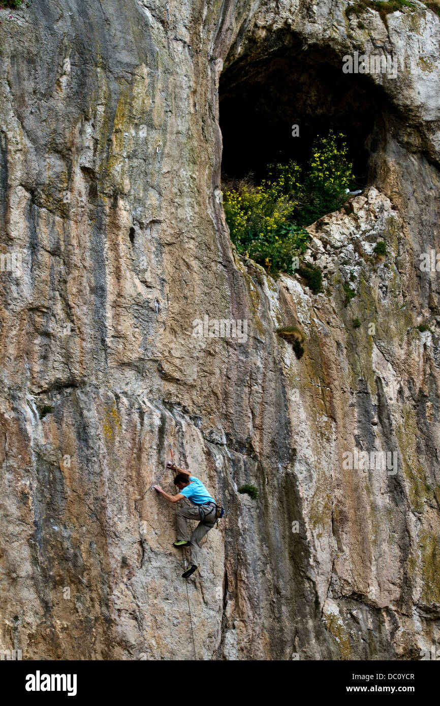 A rock climber climbing at the Great Orme sea cliffs near Llandudno, Snowdonia, North Wales, UK Stock Photo