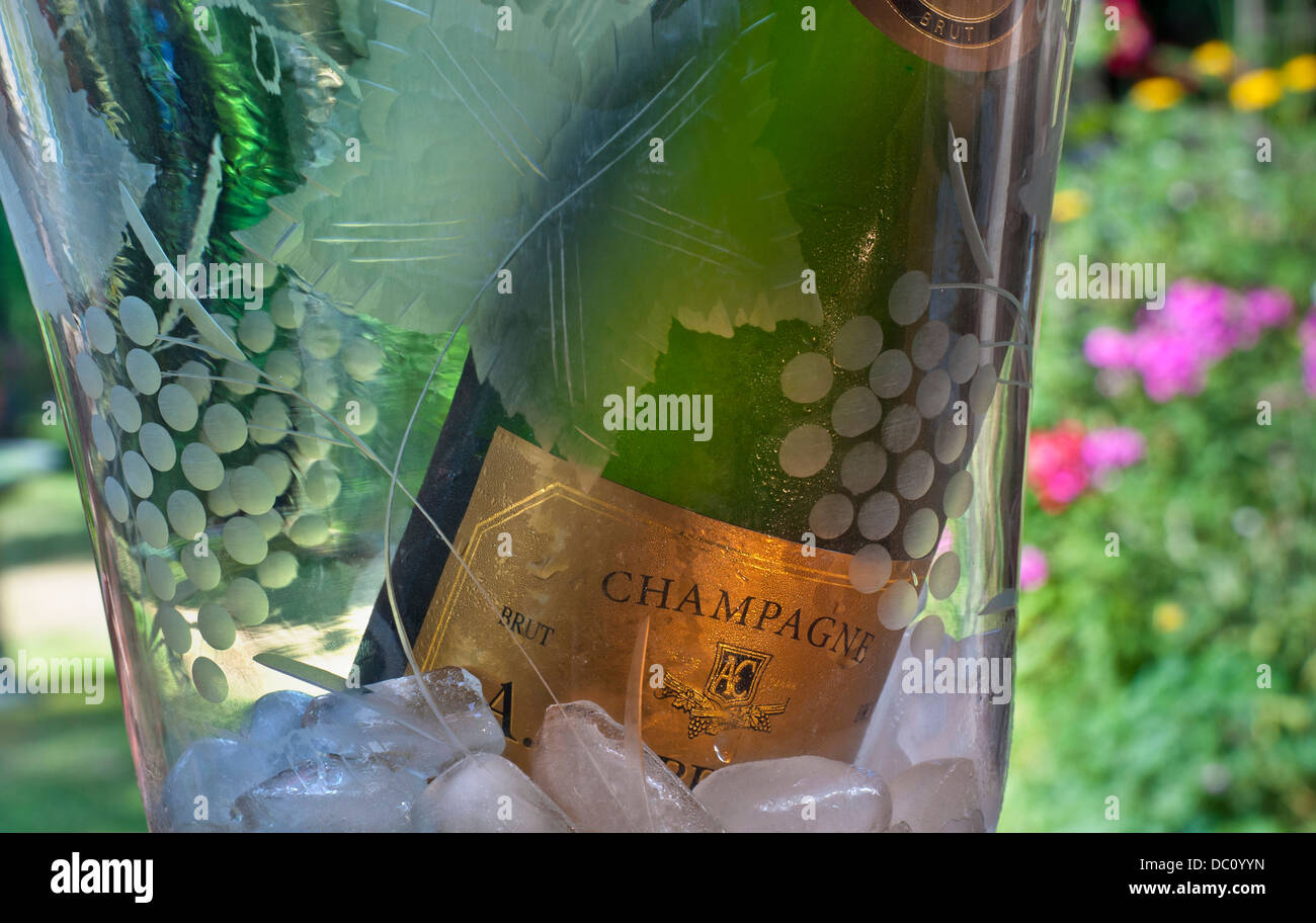 Champagne bottle on ice chilling in luxury crystal glass wine cooler in alfresco garden situation Stock Photo