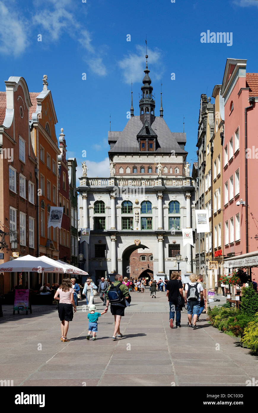 Historic Old town of Gdansk with the Golden gate in the Long lane. Stock Photo