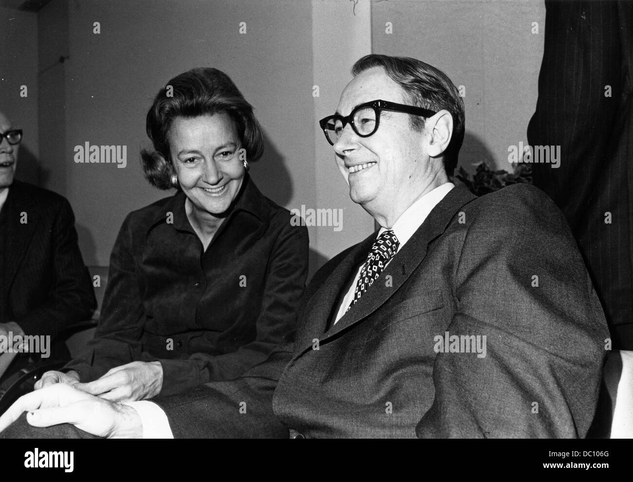 PICTURED: Oct. 2, 1960 - London, England, U.K. - KATHARINE GRAHAM (1917-2001) was a publisher who led her family's newspaper, 'The Washington Post,' for over two decades. PICTURED: Katharine Graham shares a laugh during a meeting. (Credit Image: © KEYSTONE Pictures USA/ZUMAPRESS.com) Stock Photo