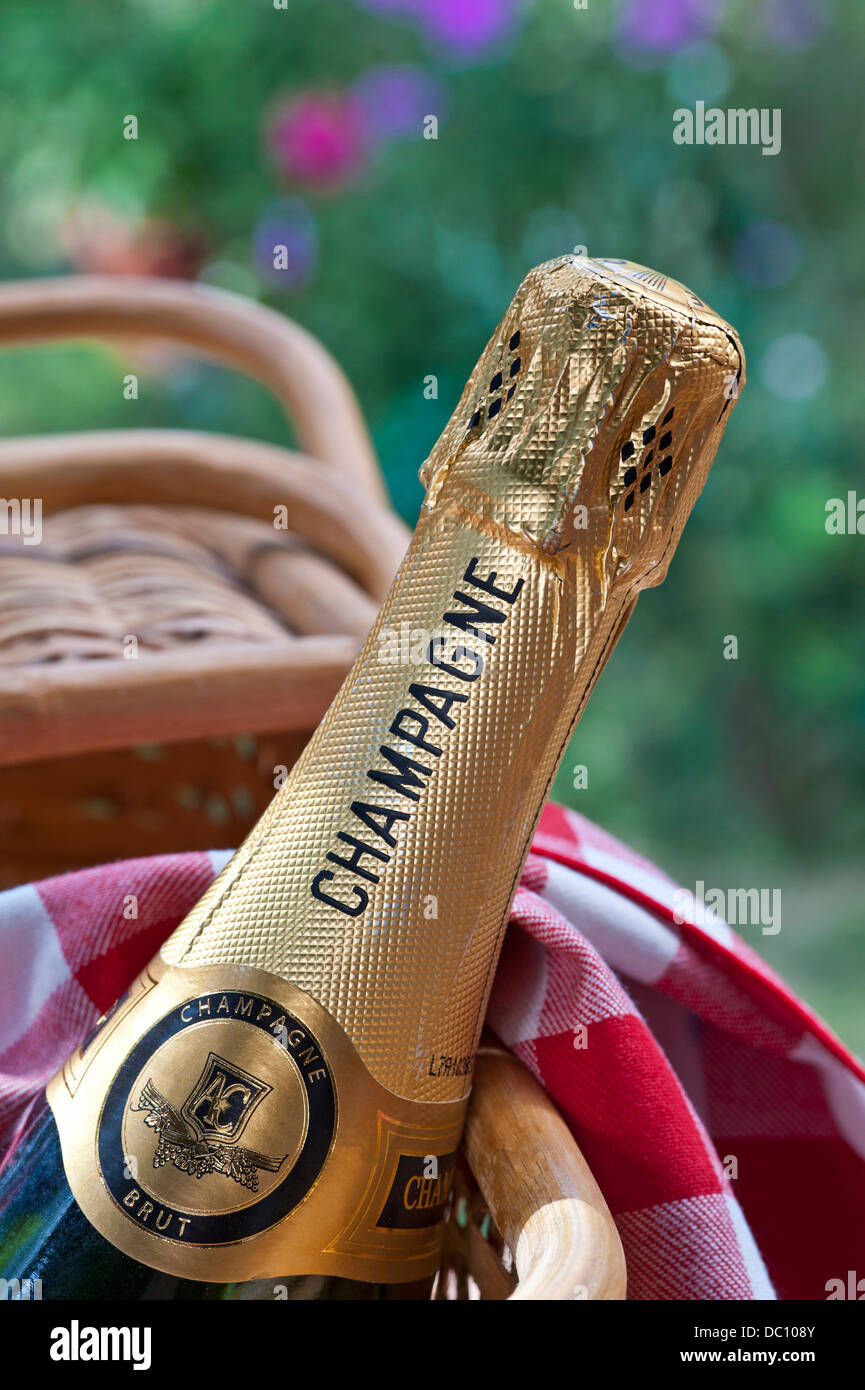 Champagne bottle in wicker picnic basket in alfresco luxury summer picnic situation Stock Photo