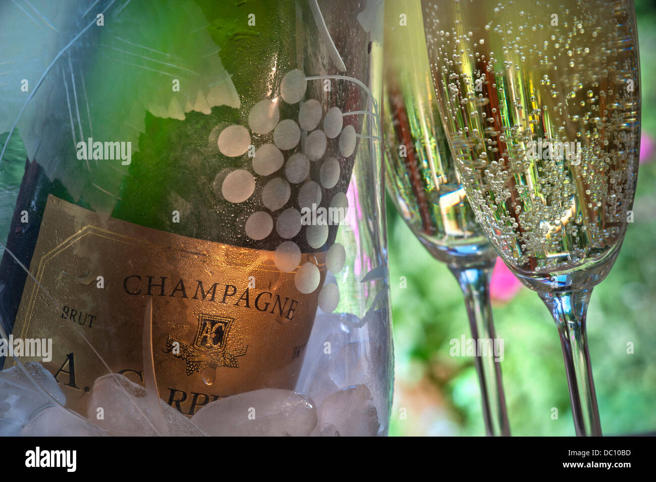 Two freshly poured glasses of Champagne with bottle on ice chilling in engraved crystal glass wine cooler in alfresco situation Stock Photo