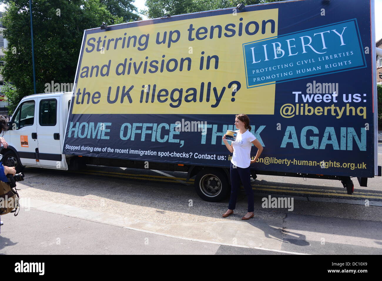 London, UK. 06th Aug, 2013. Rights group, Liberty, have deployed their  "Anti-Racist Van" in London following the Home Offices's controversial use  of a mobile billboard van that urges illegal immigrants to go
