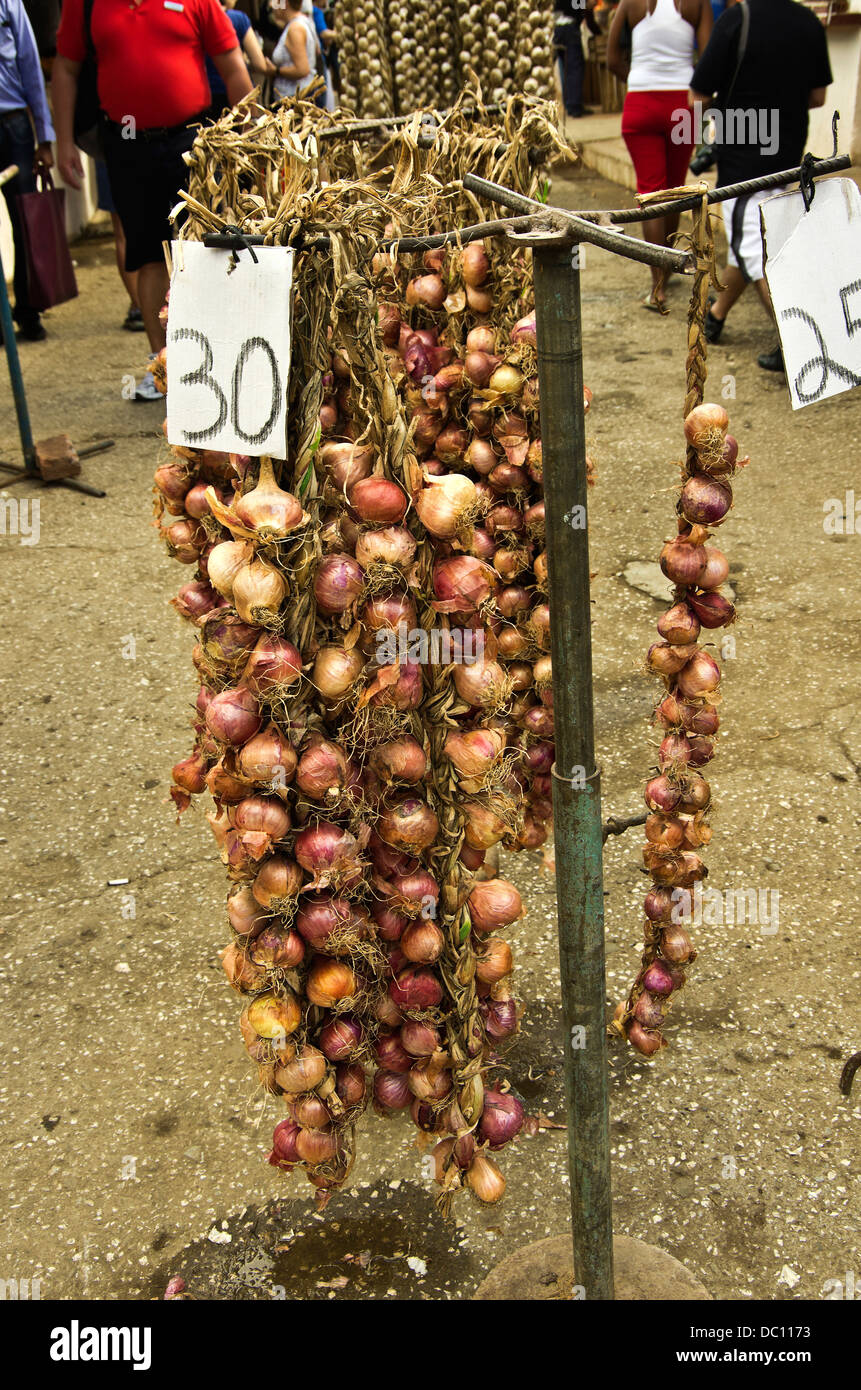 Strings of onions hang from stand in small village market place. 30 Cuban pesos, about $1.00 US Stock Photo