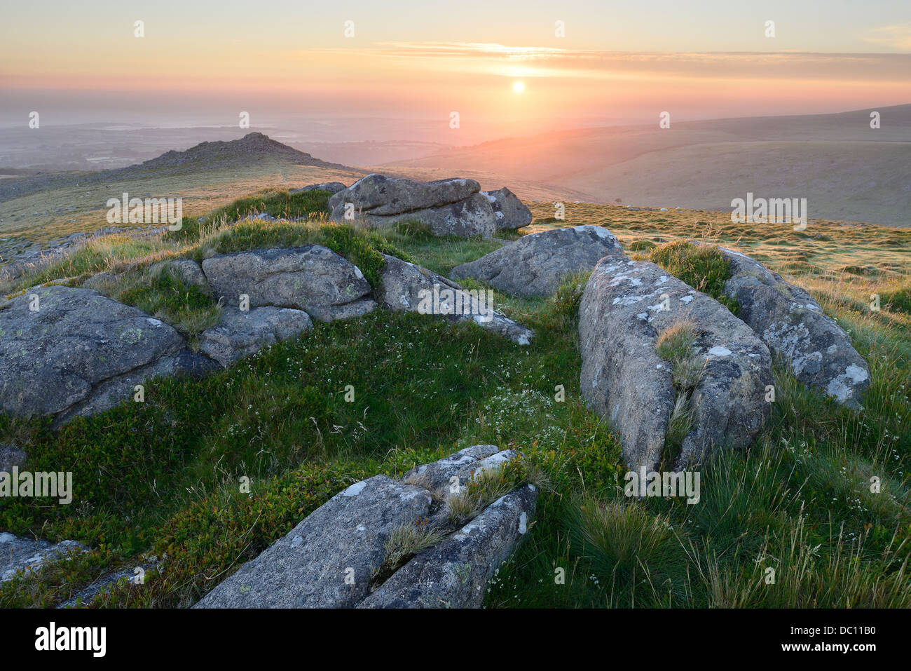 Rocks at Belstone Tor overlooking moorland on the northern edge of Dartmoor, Devon, UK. Stock Photo