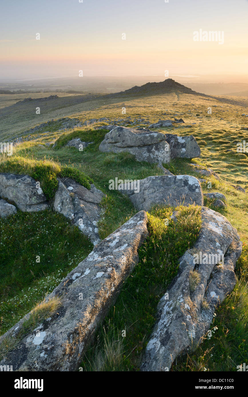 Rocks at Belstone Tor overlooking moorland on the northern edge of Dartmoor, Devon, UK. Stock Photo