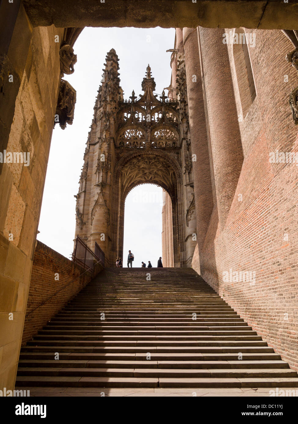 Albi Cathedral Entrance. The grand staircase leading to the gothic encrusted main entrance to the cathedral. Stock Photo