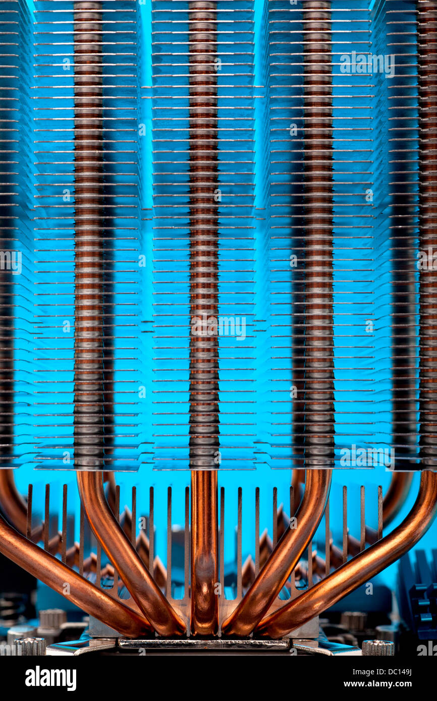 heatpipes and radiator mounted on computers processor - cooling system Stock Photo