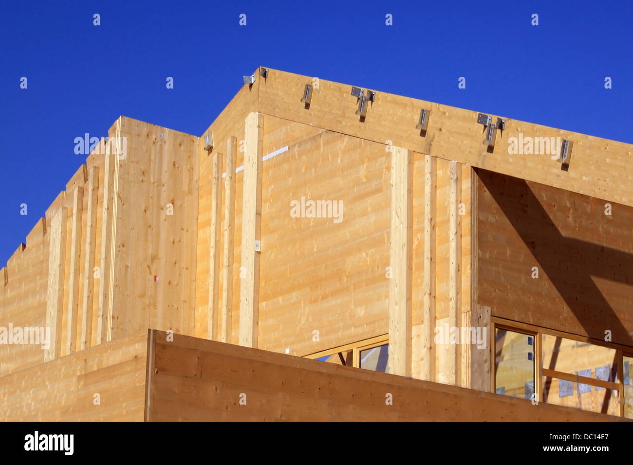 Natural wood construction of a house or a trade for a green energy isolation Stock Photo