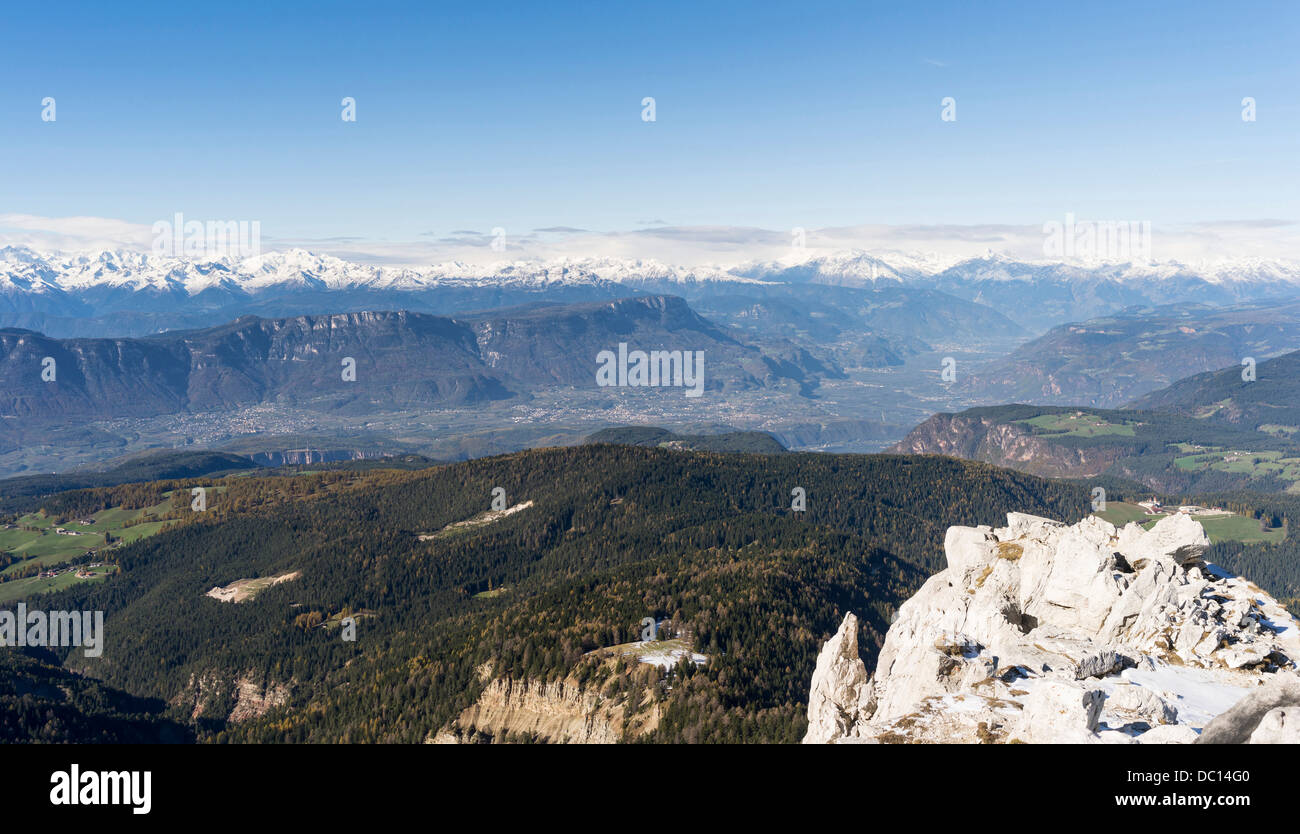 Europe, Italy, South Tyrol. Etsch valley towards the town of Bozen (Bolzano) seen from Mount Weisshorn. Stock Photo