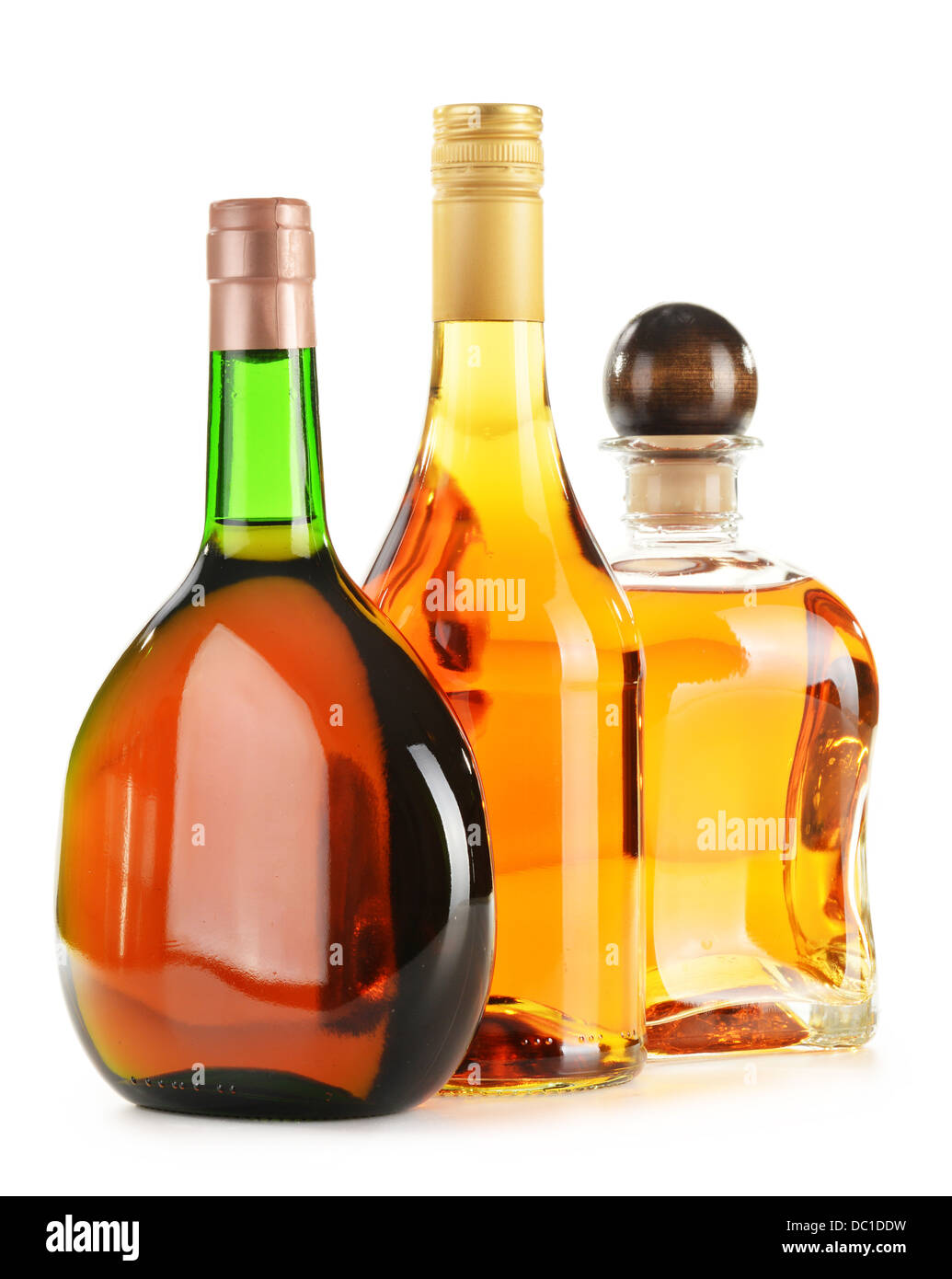 Assorted alcoholic beverages isolated on white background Stock Photo
