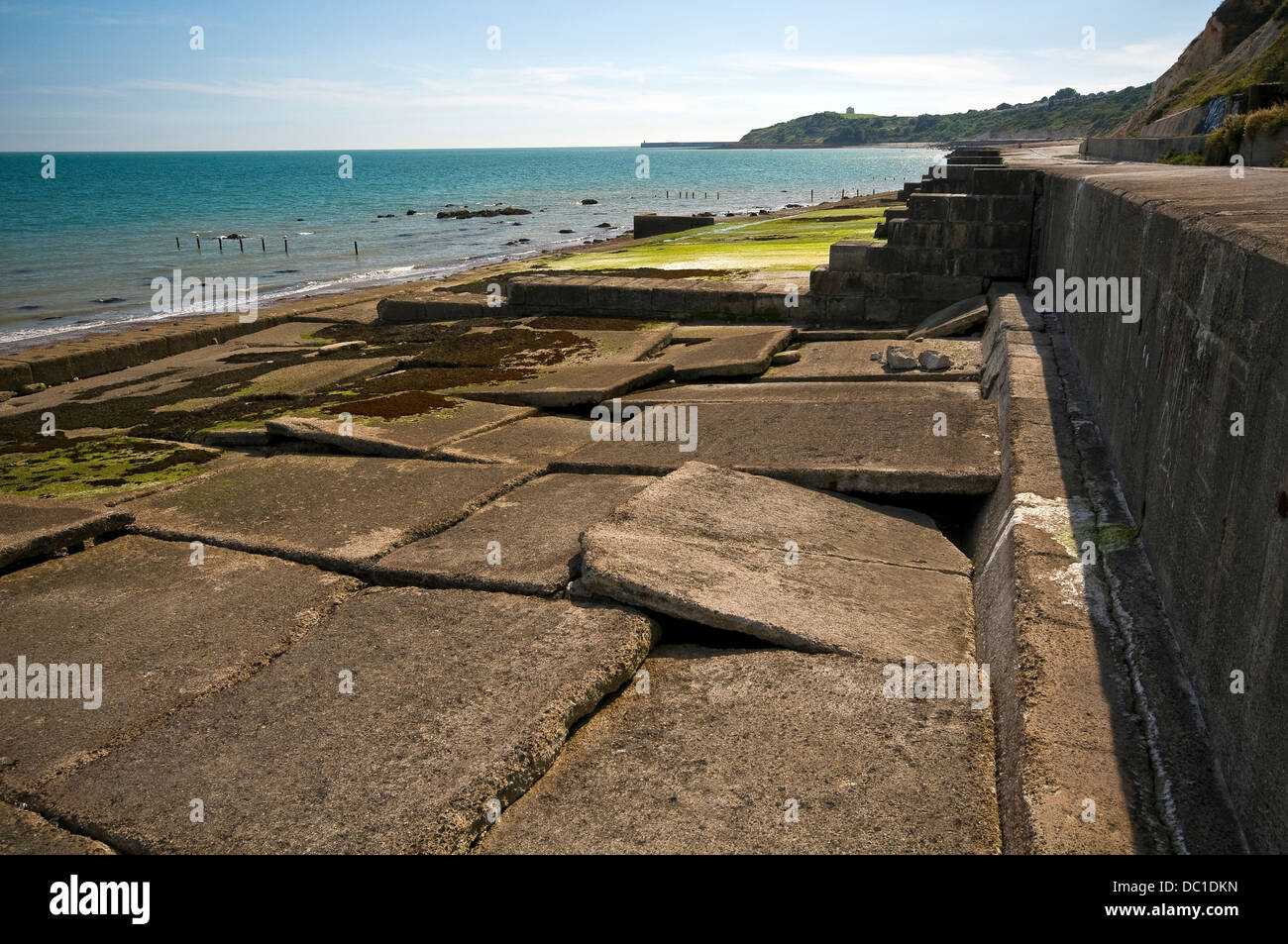 Sea defenses and old military installations at The Warren near Folkstone, Kent, UK Stock Photo