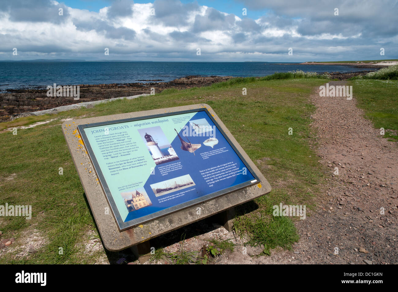 Tourist information sign (interpretive board) on the coastal path at John o'Groats, Caithness, Scotland, UK Stock Photo