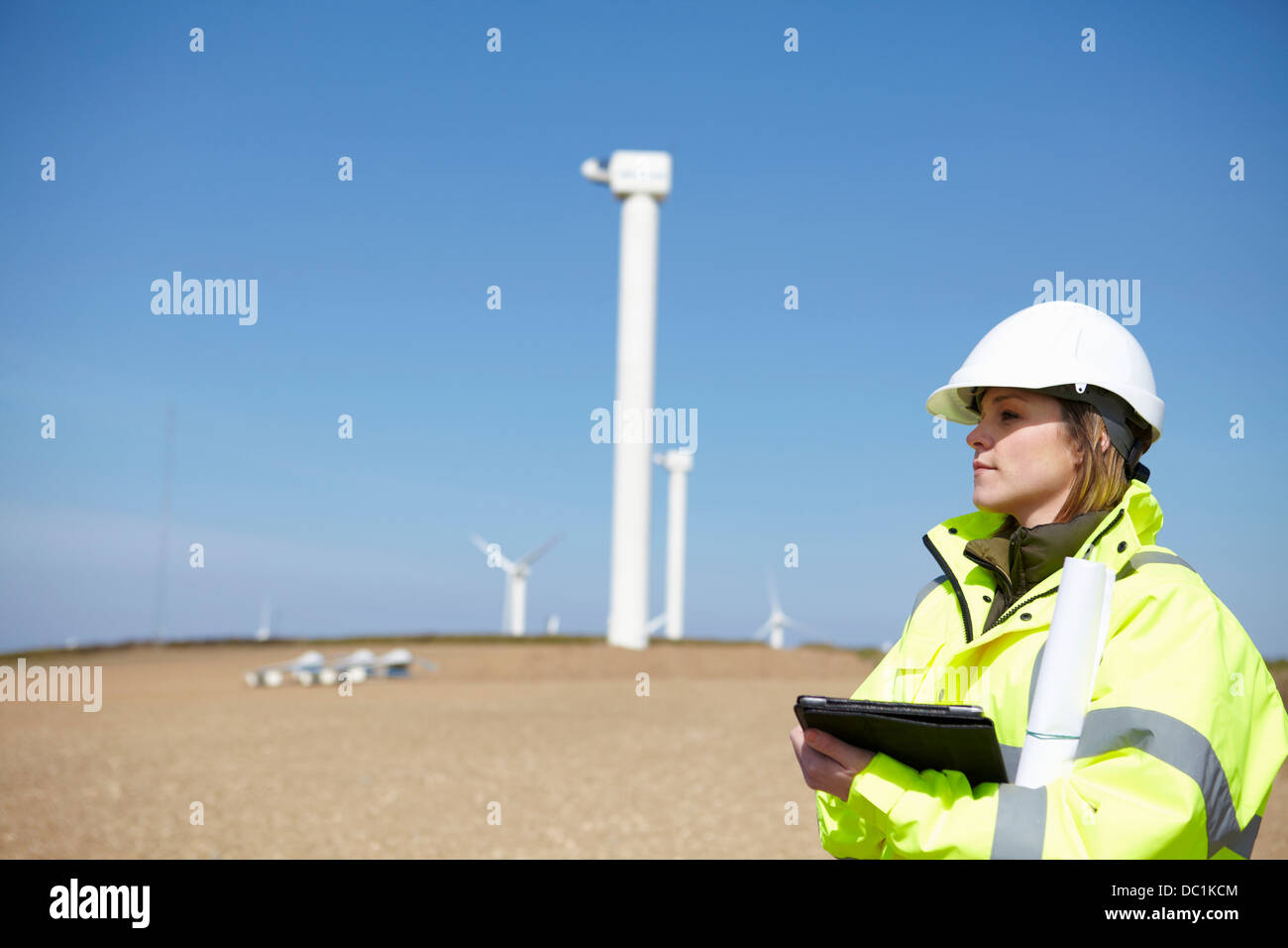 Wind farm and female project manager Stock Photo