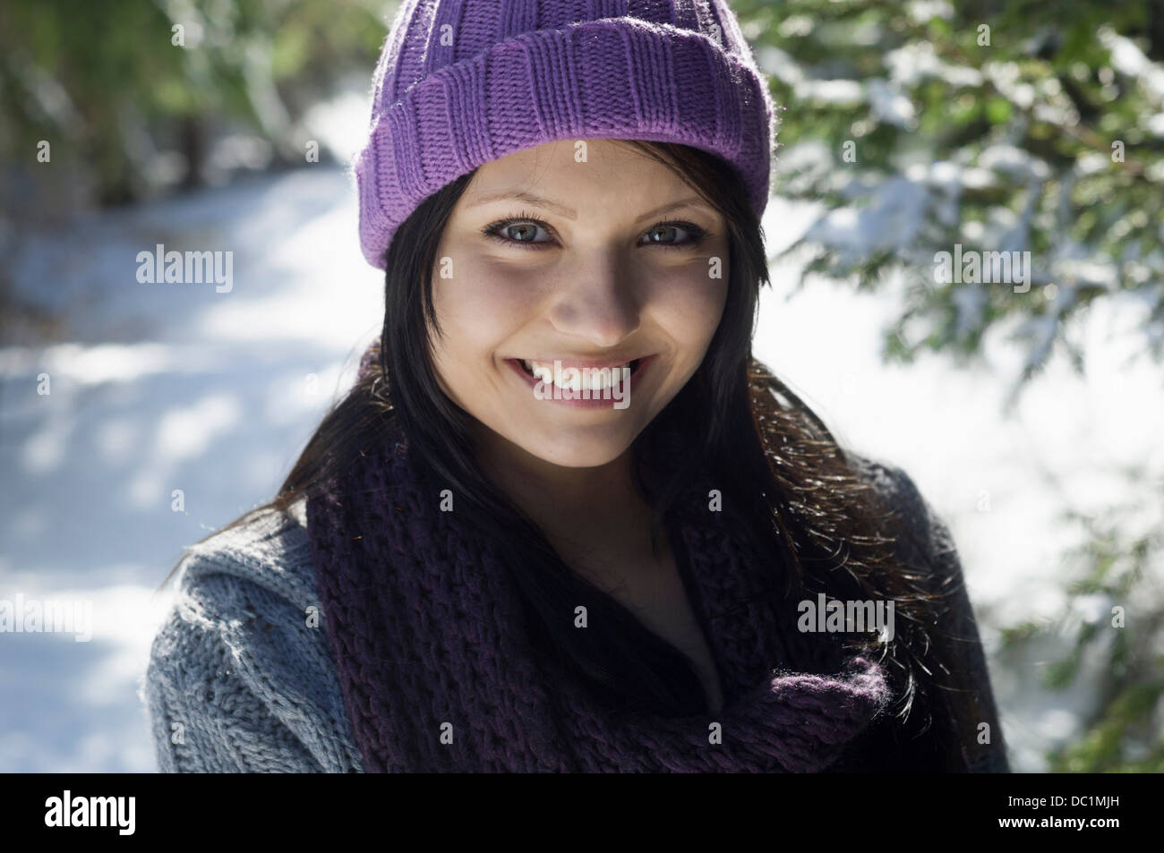Close up portrait of young female wearing knitted hat Stock Photo
