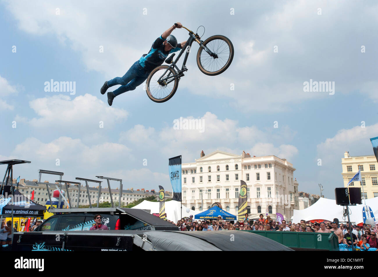 BMX sporting action at a beach festival in Brighton England. Stock Photo