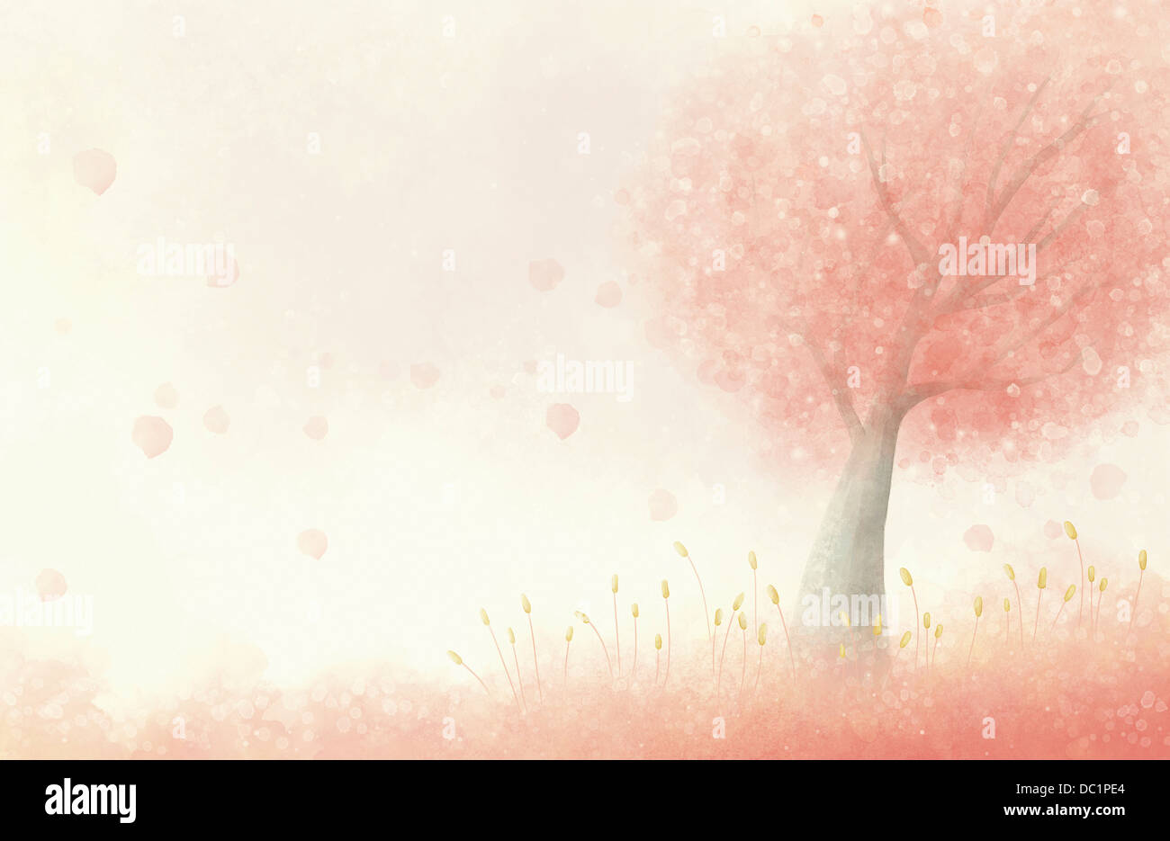 illustration of landscape painting featuring pink tree Stock Photo - Alamy