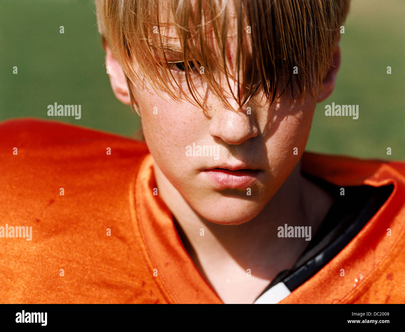 Boy in American football sportswear, close up Stock Photo