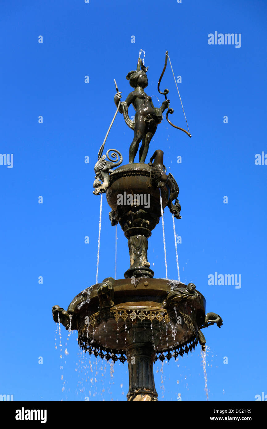 Luna-Fountain in front of Town hall at market square, Lueneburg, Lüneburg, Lower Saxony, Germany, Europe Stock Photo
