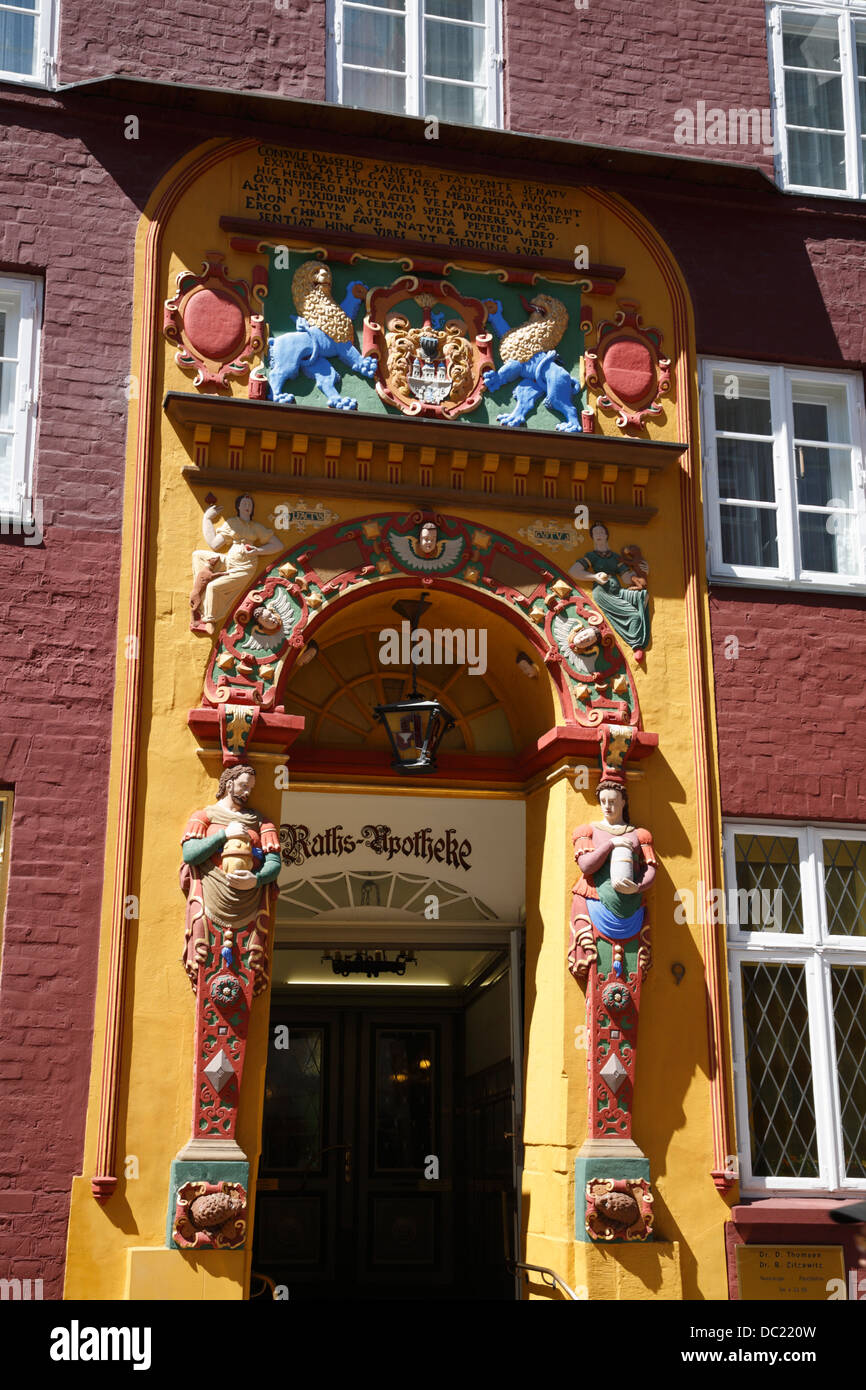 Portal of the old Ratsapotheke, Lueneburg, Lüneburg, Lower Saxony, Germany, Europe Stock Photo