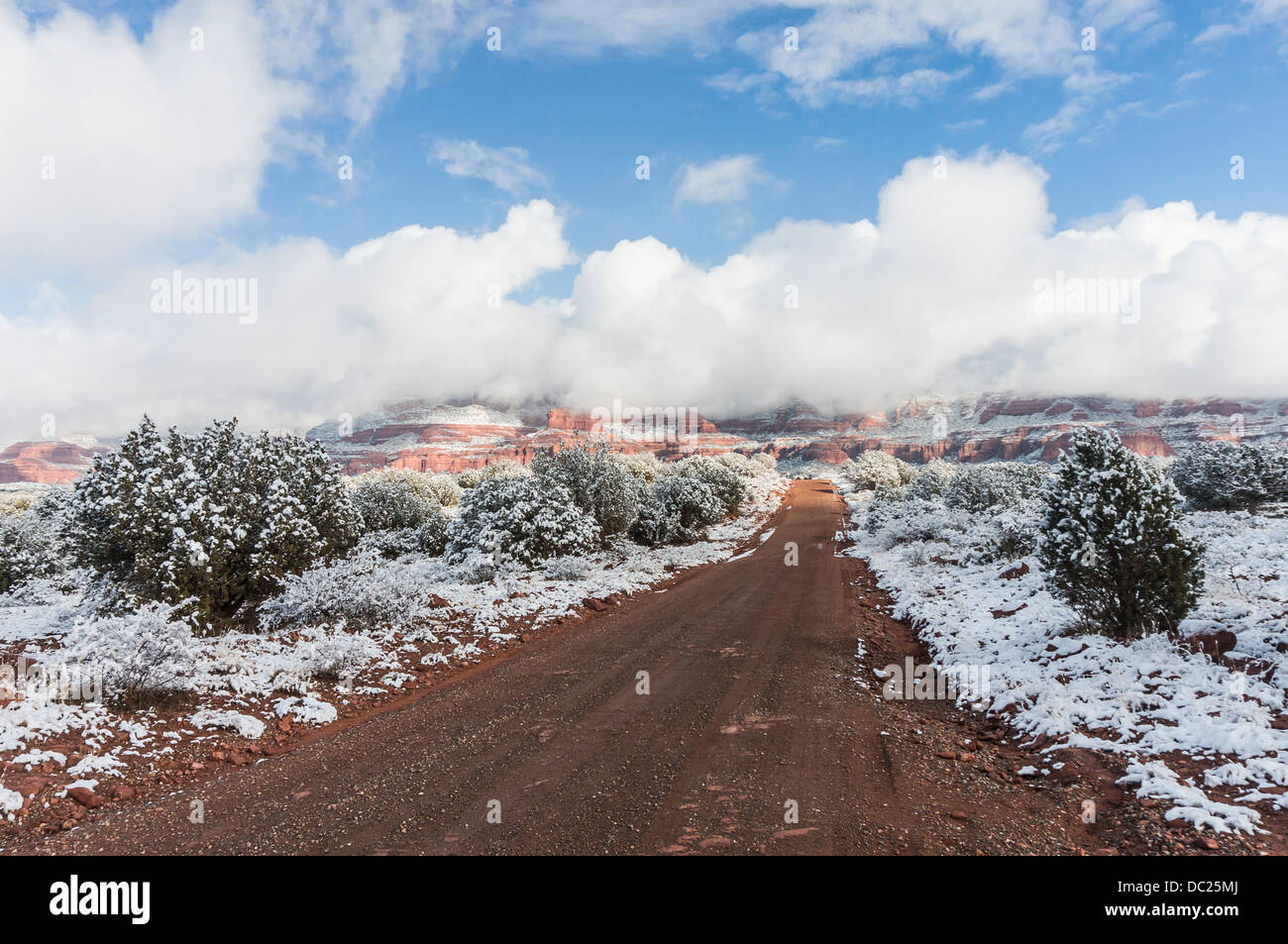 Backcountry road after snowfall, Sedona, AZ Stock Photo