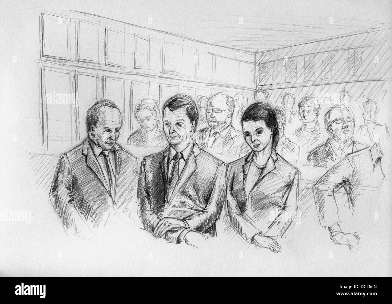 Prague, Czech Republic. 07th Aug, 2013. the Prague Regional Court, Prague. 7th Aug, 2013. In this courtroom sketch are seen David Rath, center, former Social Democrat (CSSD) regional governor and MP member, former politician Petr Kott, left, and former hospital director Katerina Pancova at the Prague Regional Court, Prague, Czech Republic, August 7, 2013. David Rath and ten other people are charged with corruption and manipulation of public tenders. Rath has been in custody since May 2012 when the police caught him with seven million crowns. Rath faces up to 12 years in prison. (CTK/Pavel Pase Stock Photo