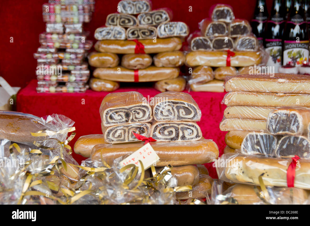 Switzerland, Basel. Basel Winter Holiday Market at Barfusserplatz. Traditional home made holiday cookies and breads for sale. Stock Photo