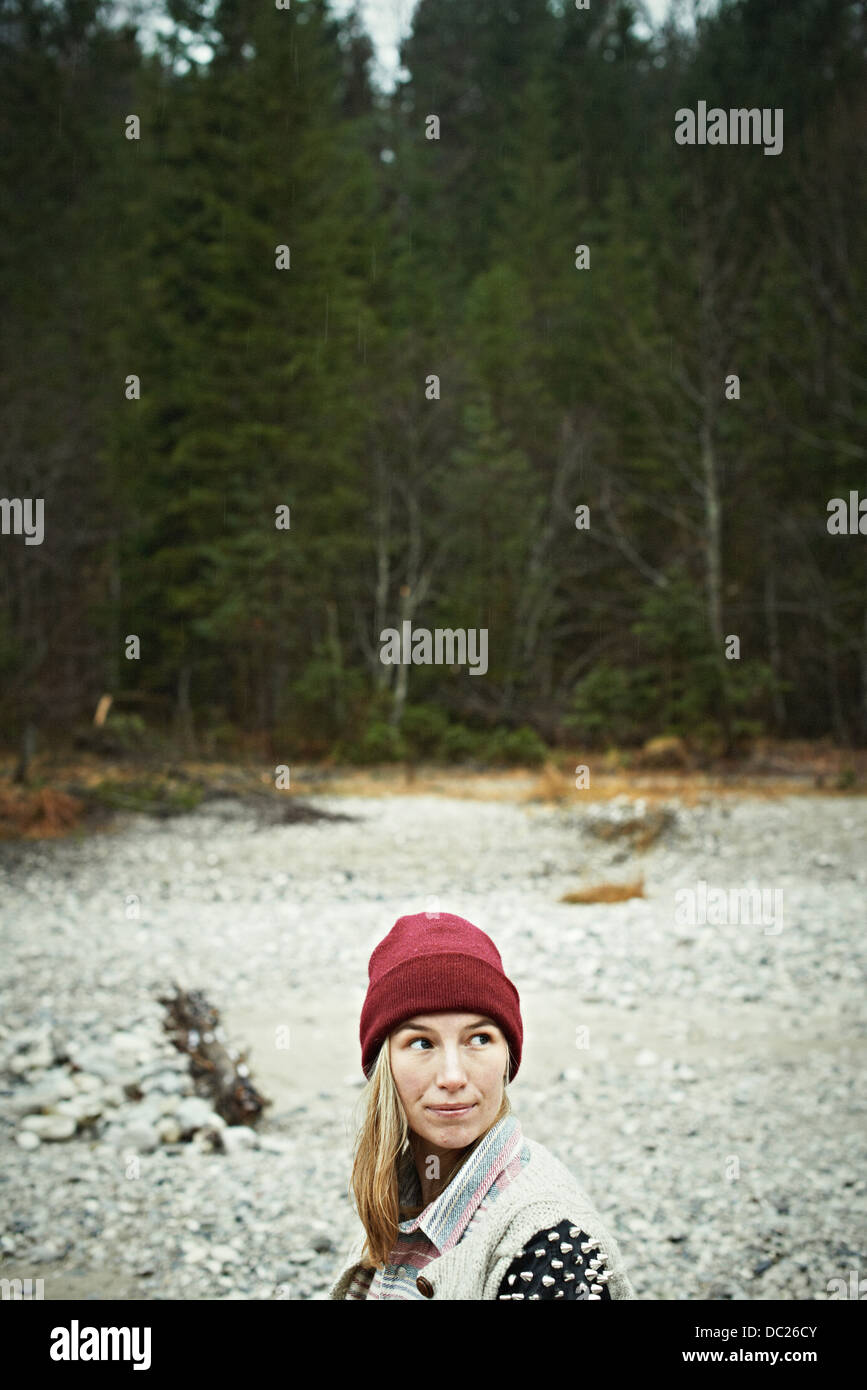 Portrait of woman in remote setting Stock Photo