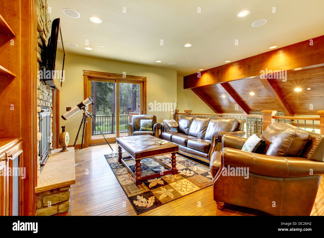 Large luxury living room with leather sofa and TV Stock Photo - Alamy