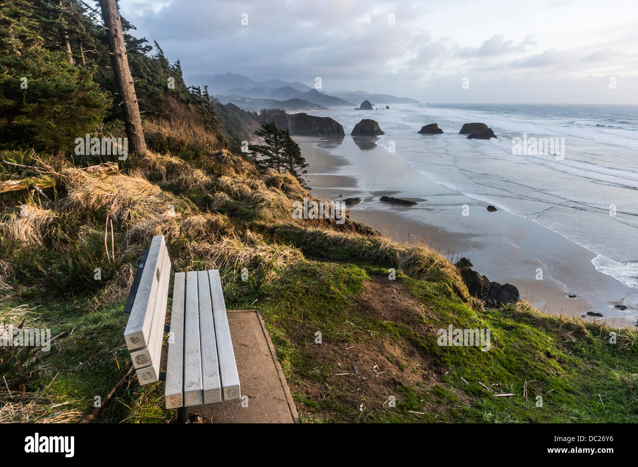 Viewpoint with sunset bench at Ecola State Park near Cannon Beach, Oregon. Stock Photo