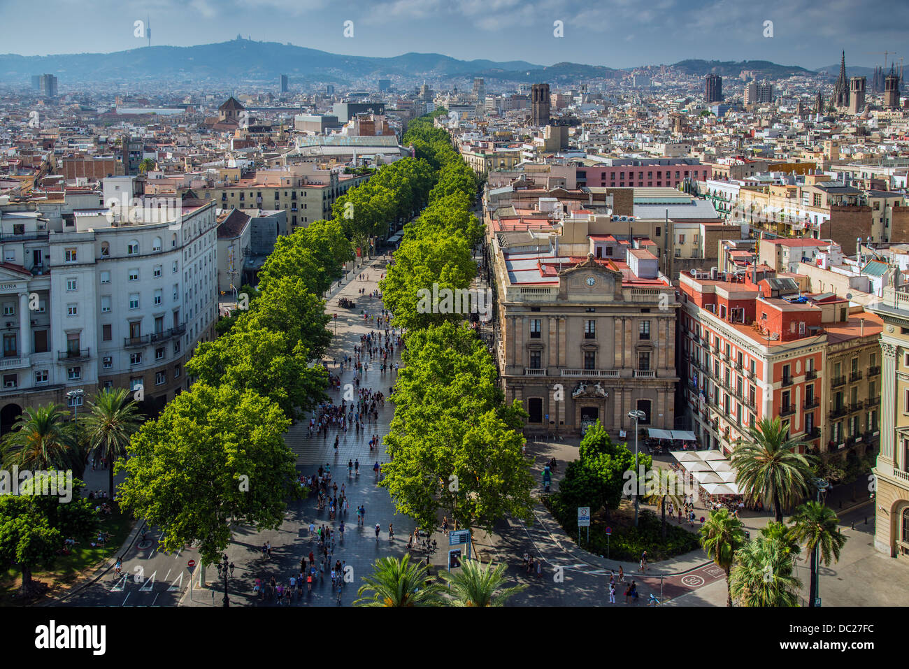 Top view over La Rambla street, Barcelona, Catalonia, Spain Stock Photo