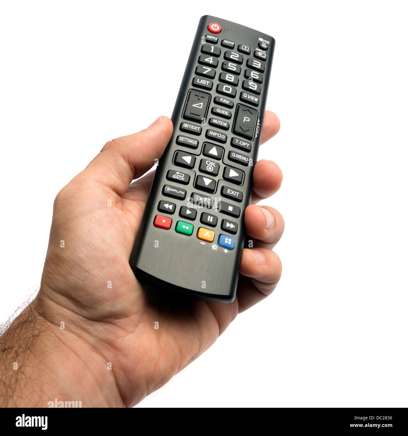 Point of view photo of hand holding remote control isolated on white background Stock Photo