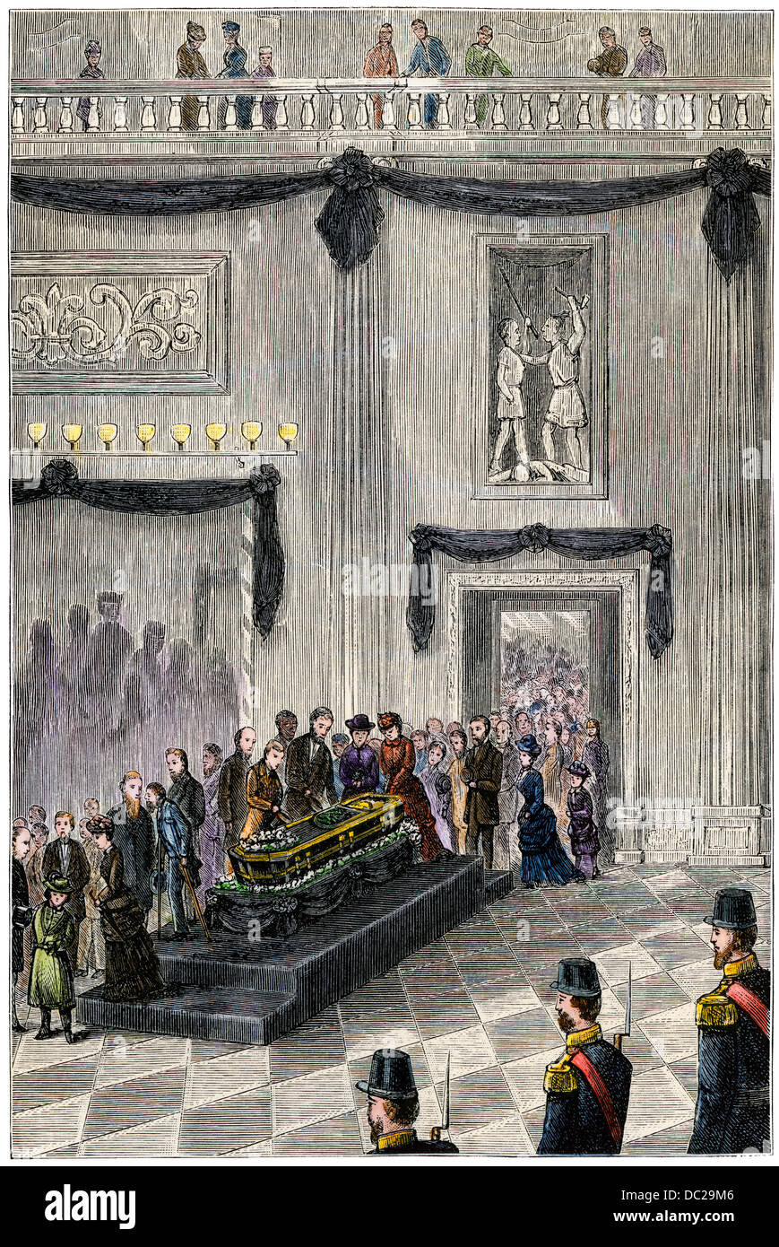 Public viewing of President Garfield's remains in the Rotunda of the US Capitol, 1881. Hand-colored woodcut Stock Photo