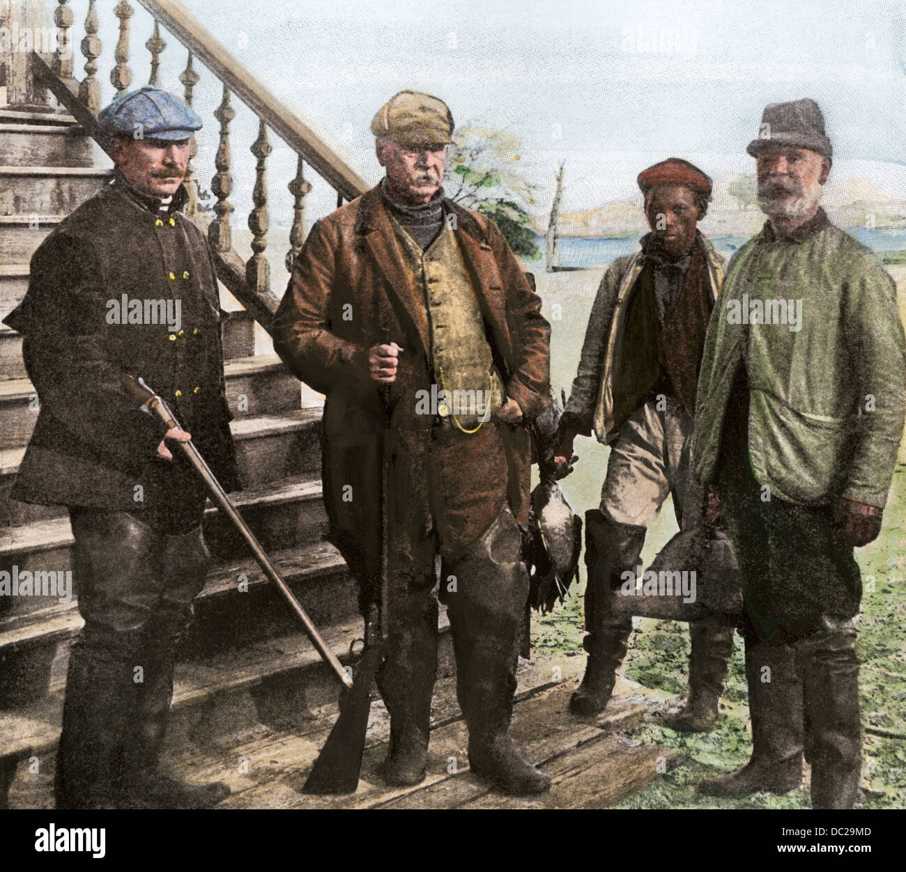 Grover Cleveland and friends after a day of duck-shooting at the home of General Alexander in SC, early 1900s. Hand-colored halftone of a photograph Stock Photo