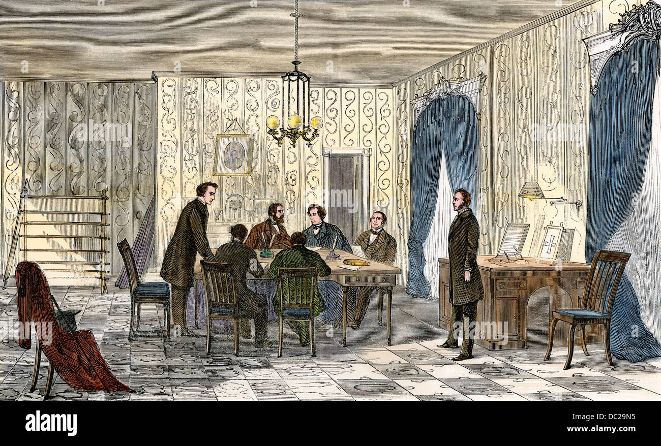 President Andrew Johnson consulting with his lawyers about impeachment, 1868. Hand-colored woodcut Stock Photo
