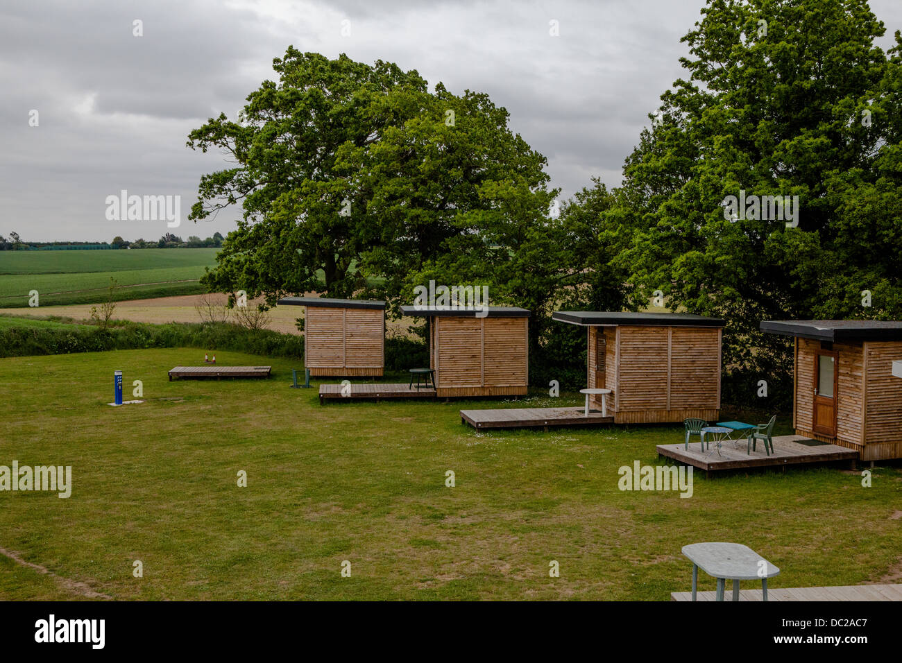 Camping huts in Norfolk, England. Stock Photo