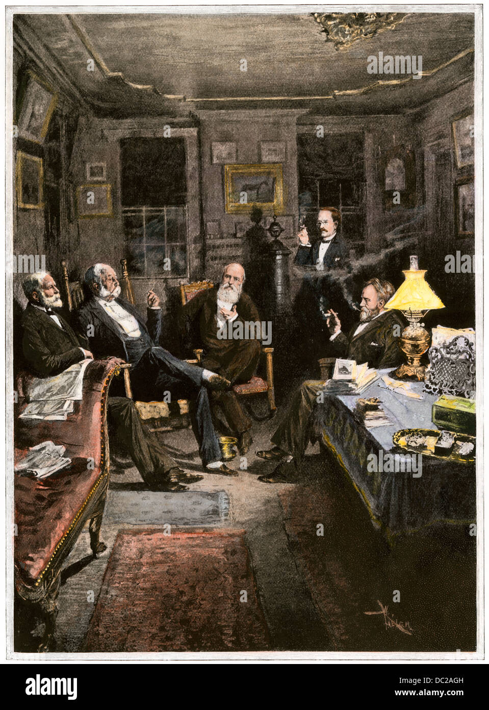 Former President U.S. Grant with friends in the smoking-room at W.C. Whitney's trotting horse farm. Hand-colored woodcut Stock Photo